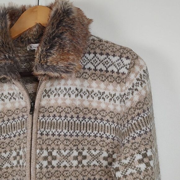Susan Bristol Fair Isle Full Zip Faux Fur Collar Sweater Jacket Wool Size M - Picture 3 of 10